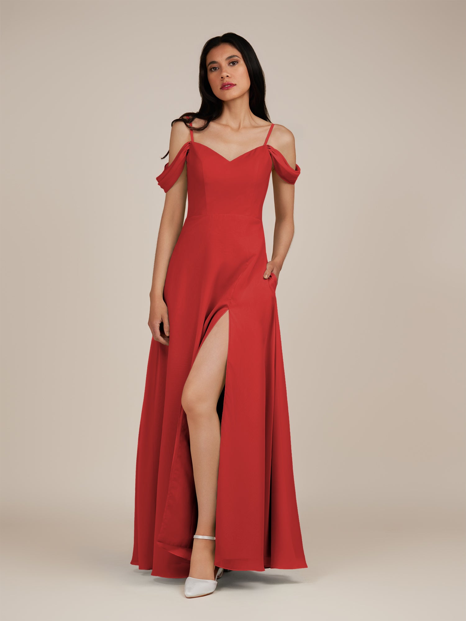 KissDress-Agate Ruby Red A Line Chiffon Off the Shoulder Long Bridesmaid Dress