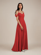 KissDress-Agate Ruby Red A Line Chiffon Off the Shoulder Long Bridesmaid Dress
