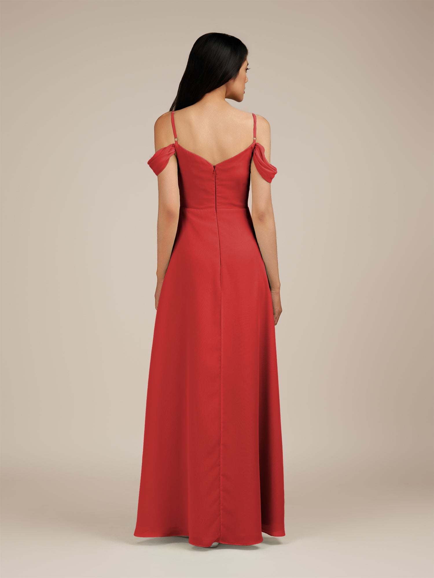 KissDress-Agate Ruby Red A Line Chiffon Off the Shoulder Long Bridesmaid Dress