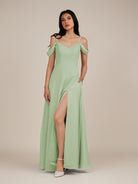 KissDress-Agate Sage A Line Chiffon Off the Shoulder Long Bridesmaid Dress