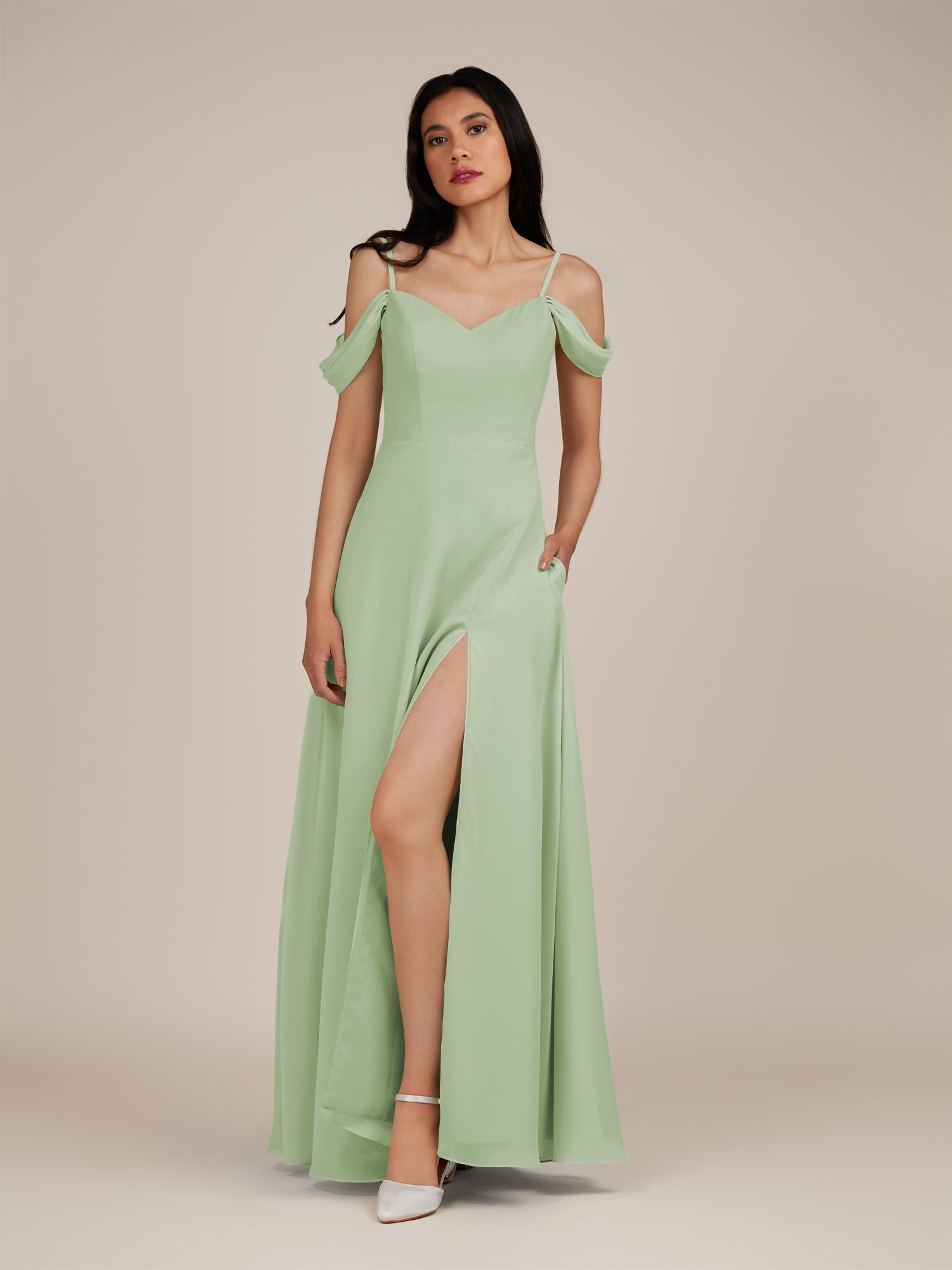 KissDress-Agate Sage A Line Chiffon Off the Shoulder Long Bridesmaid Dress