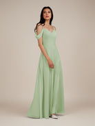 KissDress-Agate Sage A Line Chiffon Off the Shoulder Long Bridesmaid Dress