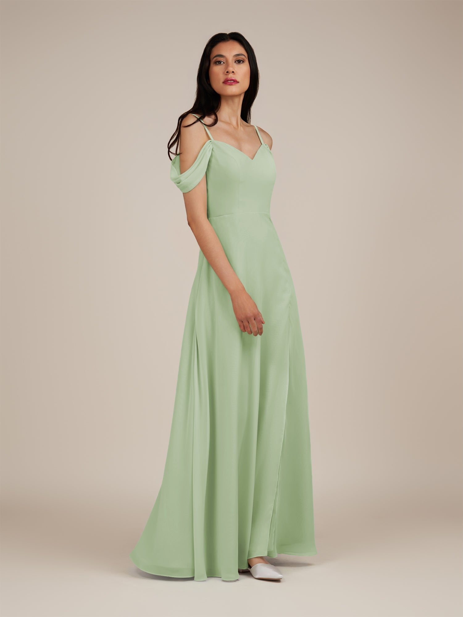 KissDress-Agate Sage A Line Chiffon Off the Shoulder Long Bridesmaid Dress