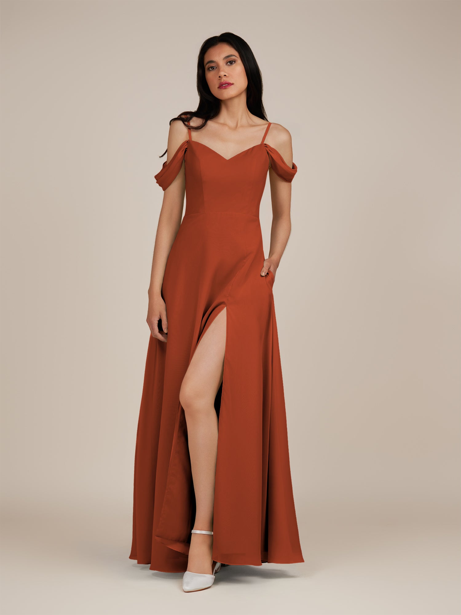 KissDress-Agate Spice A Line Chiffon Off the Shoulder Long Bridesmaid Dress