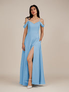 KissDress-Agate Steel Blue A Line Chiffon Off the Shoulder Long Bridesmaid Dress