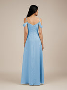 KissDress-Agate Steel Blue A Line Chiffon Off the Shoulder Long Bridesmaid Dress
