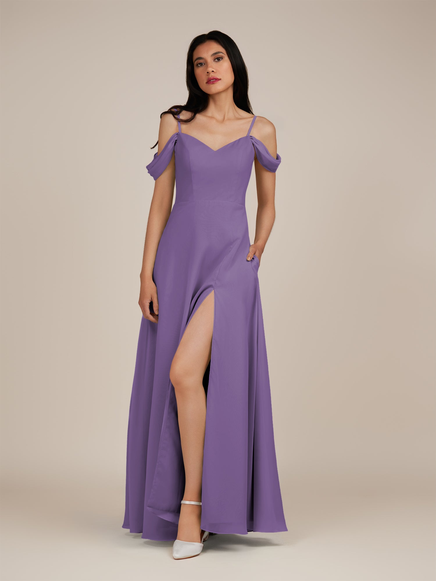 KissDress-Agate Tahiti A Line Chiffon Off the Shoulder Long Bridesmaid Dress