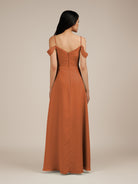 KissDress-Agate Terracotta A Line Chiffon Off the Shoulder Long Bridesmaid Dress