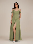 KissDress-Agate Thyme A Line Chiffon Off the Shoulder Long Bridesmaid Dress