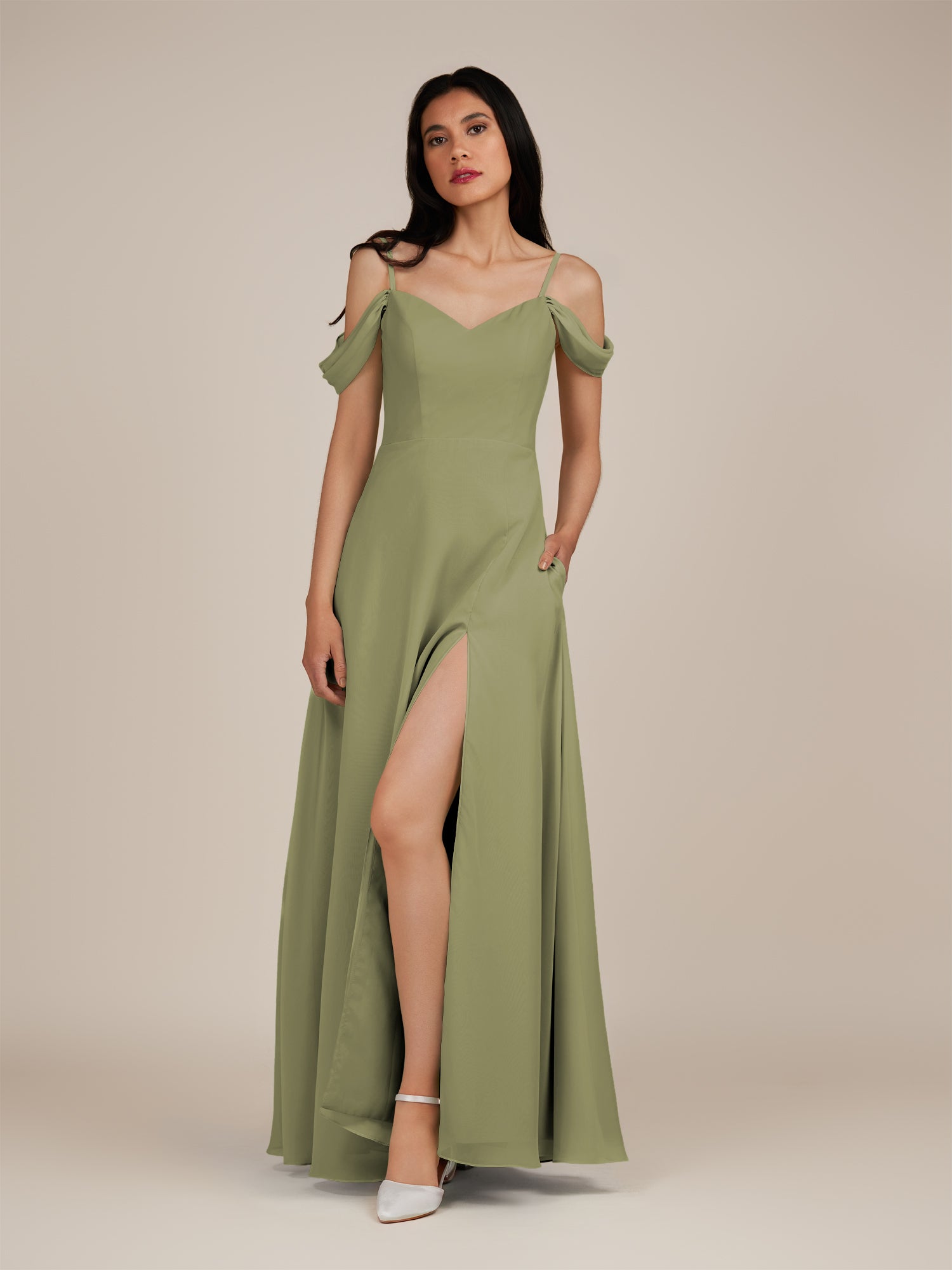 KissDress-Agate Thyme A Line Chiffon Off the Shoulder Long Bridesmaid Dress