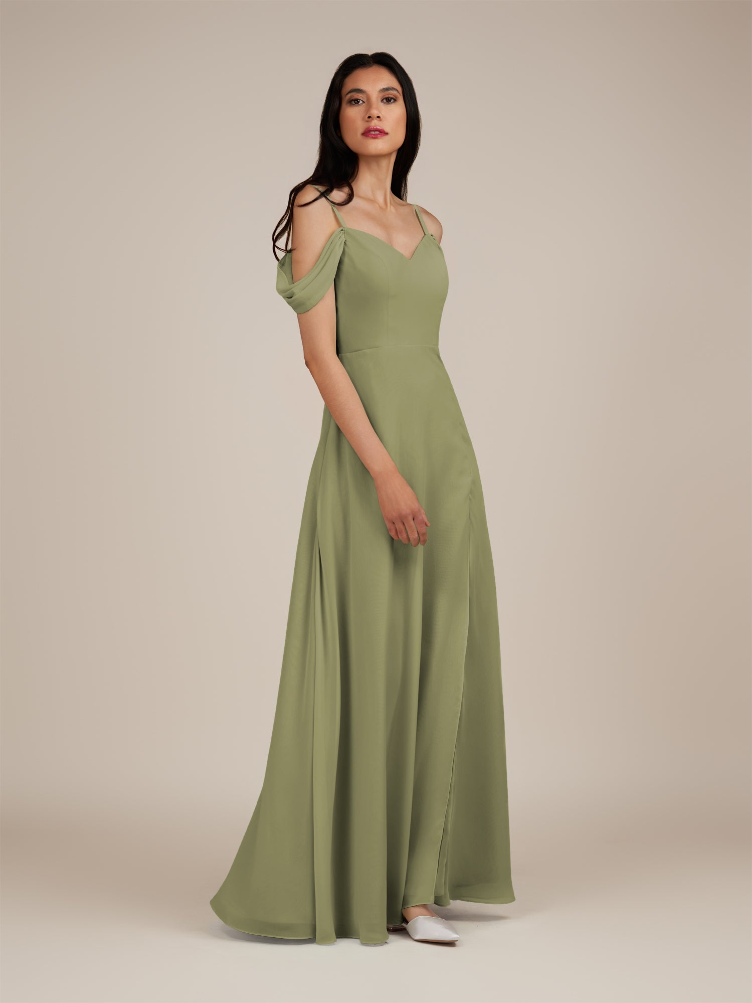 KissDress-Agate Thyme A Line Chiffon Off the Shoulder Long Bridesmaid Dress