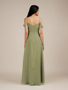 KissDress-Agate Thyme A Line Chiffon Off the Shoulder Long Bridesmaid Dress
