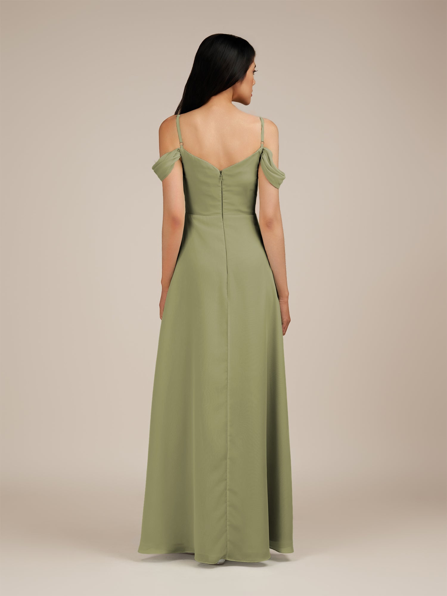 KissDress-Agate Thyme A Line Chiffon Off the Shoulder Long Bridesmaid Dress