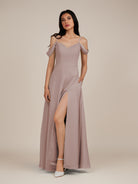 KissDress-Agate Toffee A Line Chiffon Off the Shoulder Long Bridesmaid Dress