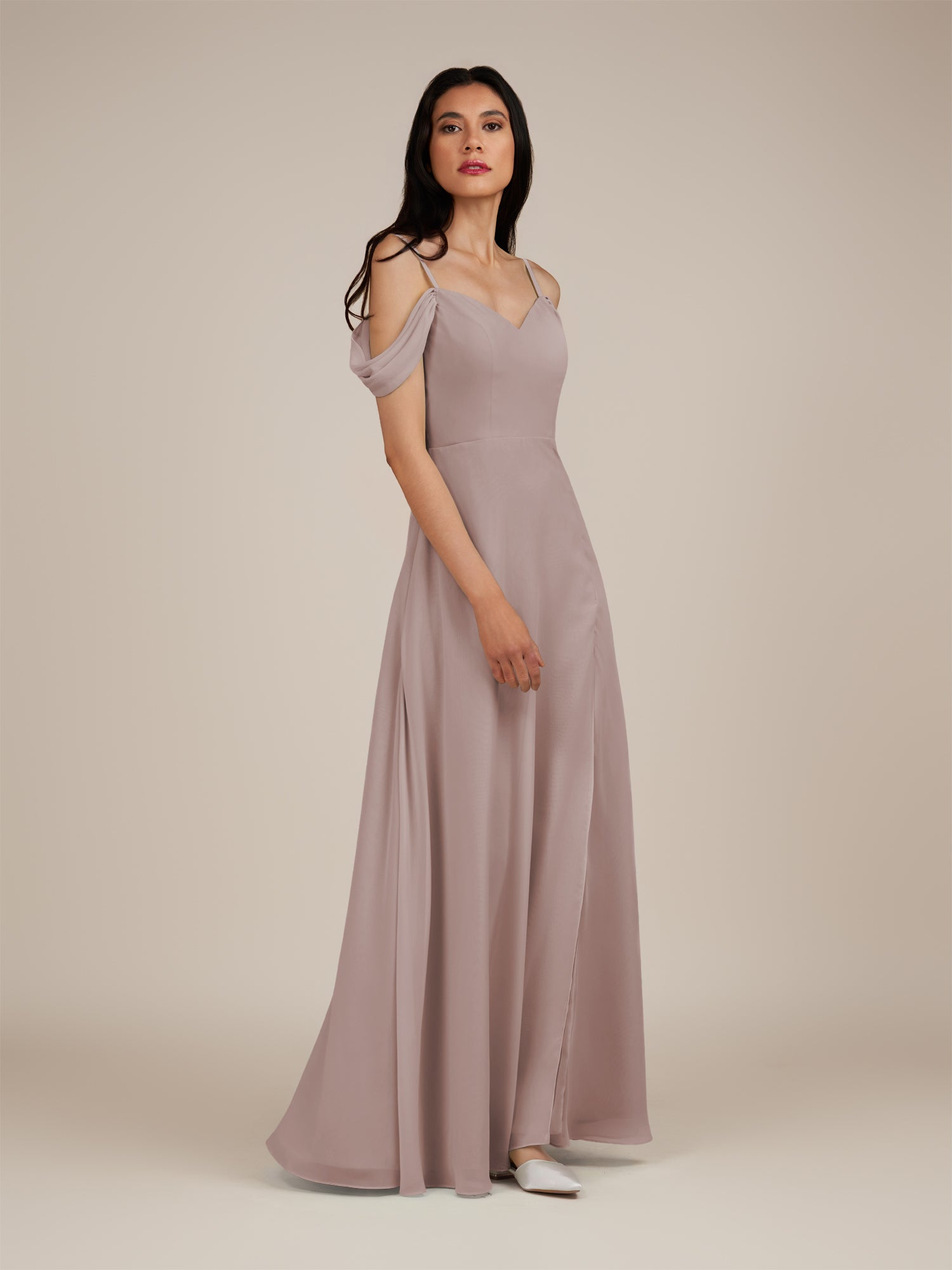 KissDress-Agate Toffee A Line Chiffon Off the Shoulder Long Bridesmaid Dress