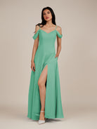 KissDress-Agate Turquoise A Line Chiffon Off the Shoulder Long Bridesmaid Dress
