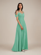 KissDress-Agate Turquoise A Line Chiffon Off the Shoulder Long Bridesmaid Dress
