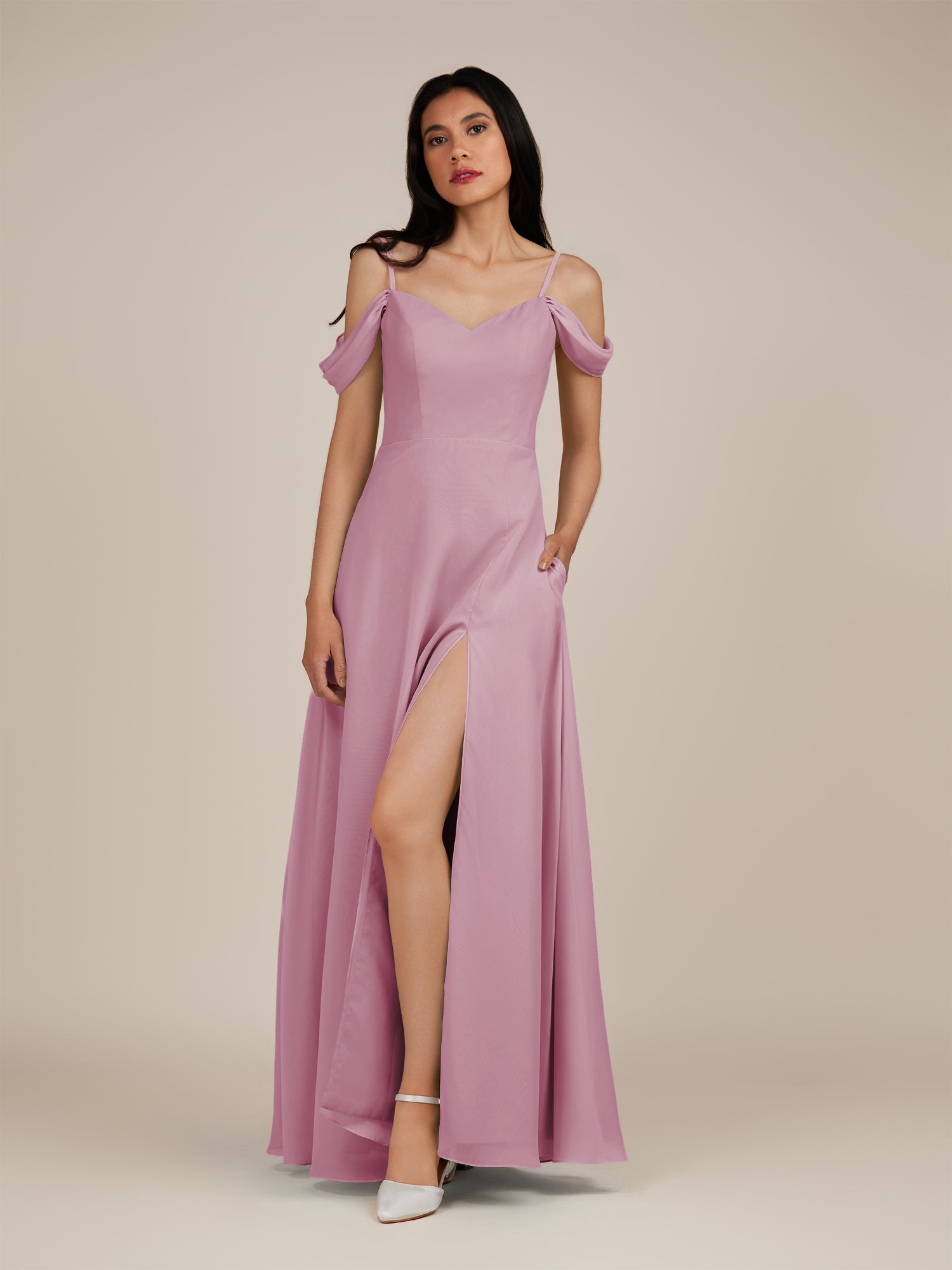KissDress-Agate Vintage Mauve A Line Chiffon Off the Shoulder Long Bridesmaid Dress