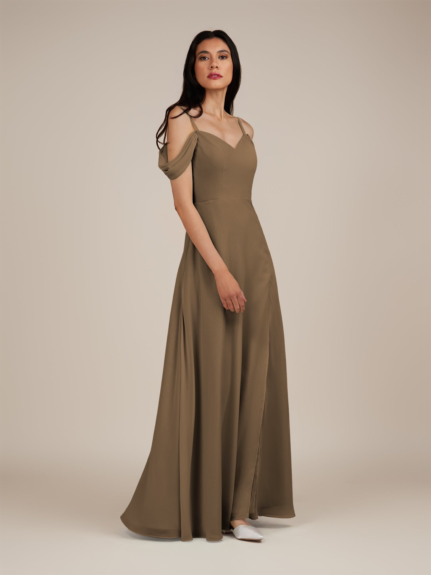 KissDress-Agate Willow Green A Line Chiffon Off the Shoulder Long Bridesmaid Dress