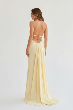 Mermaid Deep Halter Yellow Satin Long Prom Dresses with Slit Mermaid Deep Halter Yellow Satin Long Prom Dresses with Slit