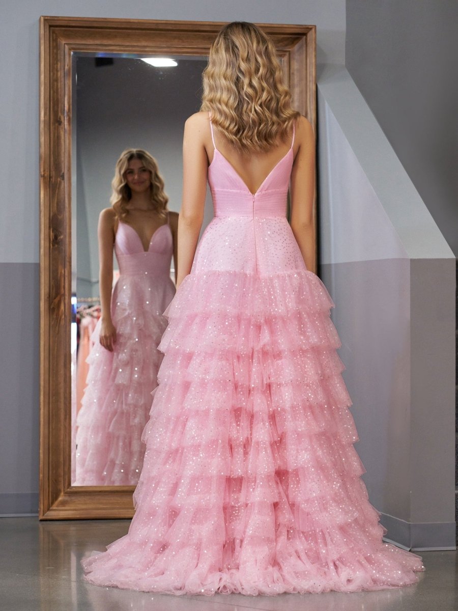Alianna Pink A-Line Spaghetti Straps Tiered Tulle Prom Dress KissDress Alianna Pink A-Line Spaghetti Straps Tiered Tulle Prom Dress KissDress