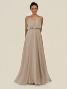 KissDress-Alix Almond A Line Chiffon V Neck Ruffled Overlay Long Bridesmaid Dress