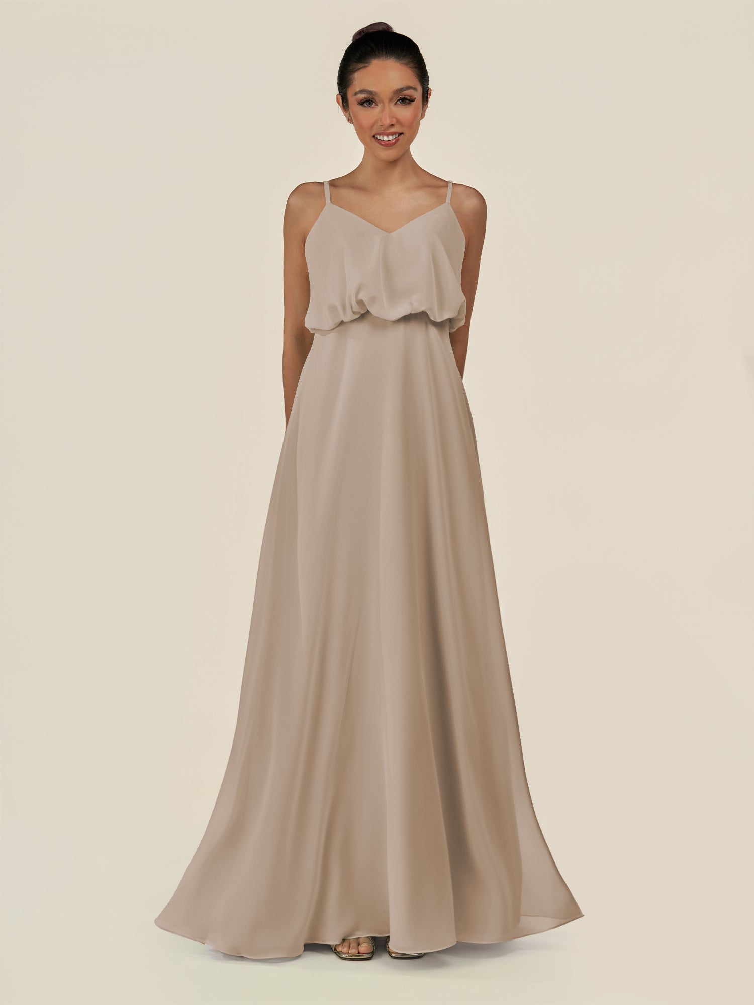KissDress-Alix Almond A Line Chiffon V Neck Ruffled Overlay Long Bridesmaid Dress