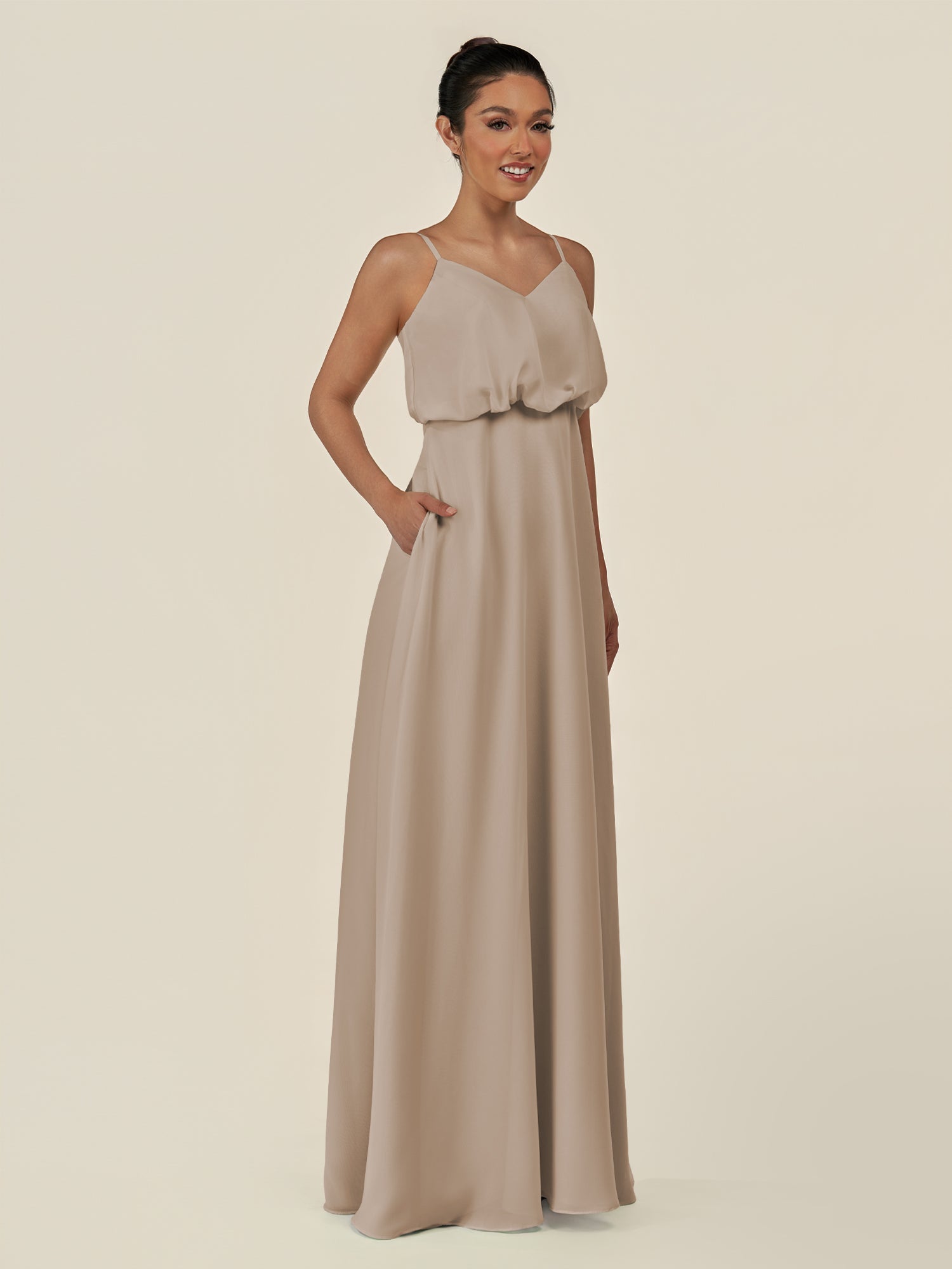 KissDress-Alix Almond A Line Chiffon V Neck Ruffled Overlay Long Bridesmaid Dress