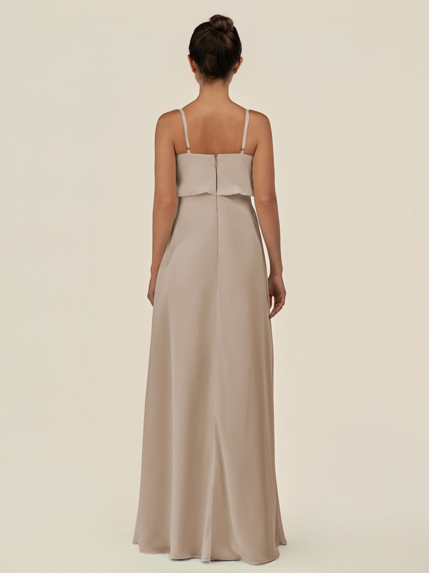 KissDress-Alix Almond A Line Chiffon V Neck Ruffled Overlay Long Bridesmaid Dress