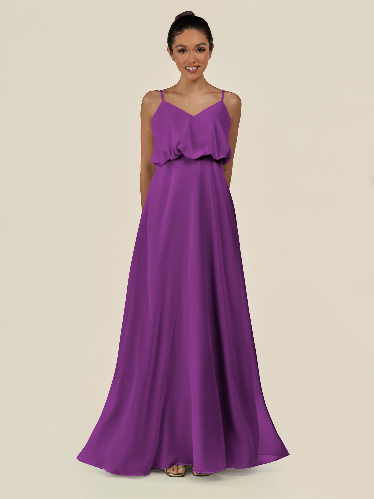 KissDress-Alix Amethyst A Line Chiffon V Neck Ruffled Overlay Long Bridesmaid Dress