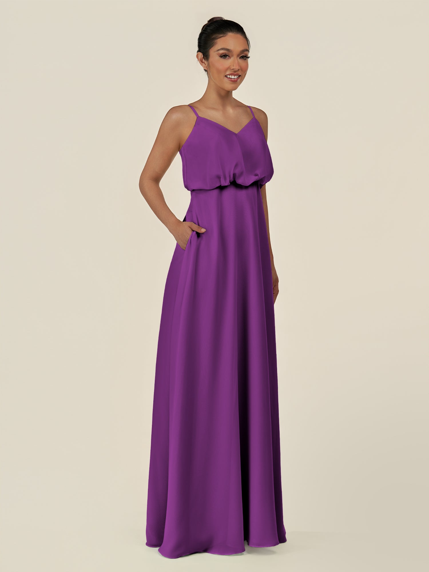 KissDress-Alix Amethyst A Line Chiffon V Neck Ruffled Overlay Long Bridesmaid Dress