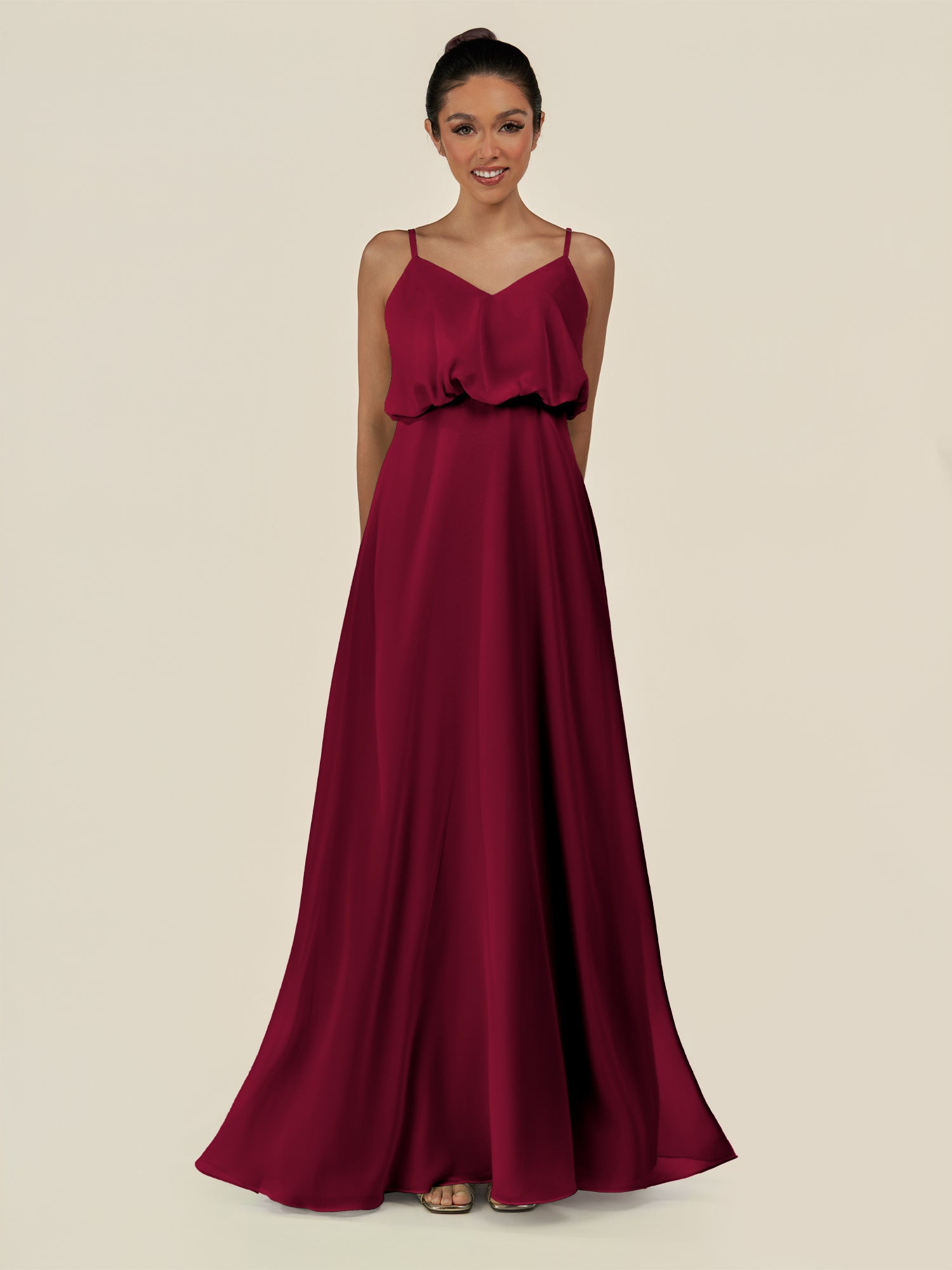 KissDress-Alix Berry A Line Chiffon V Neck Ruffled Overlay Long Bridesmaid Dress
