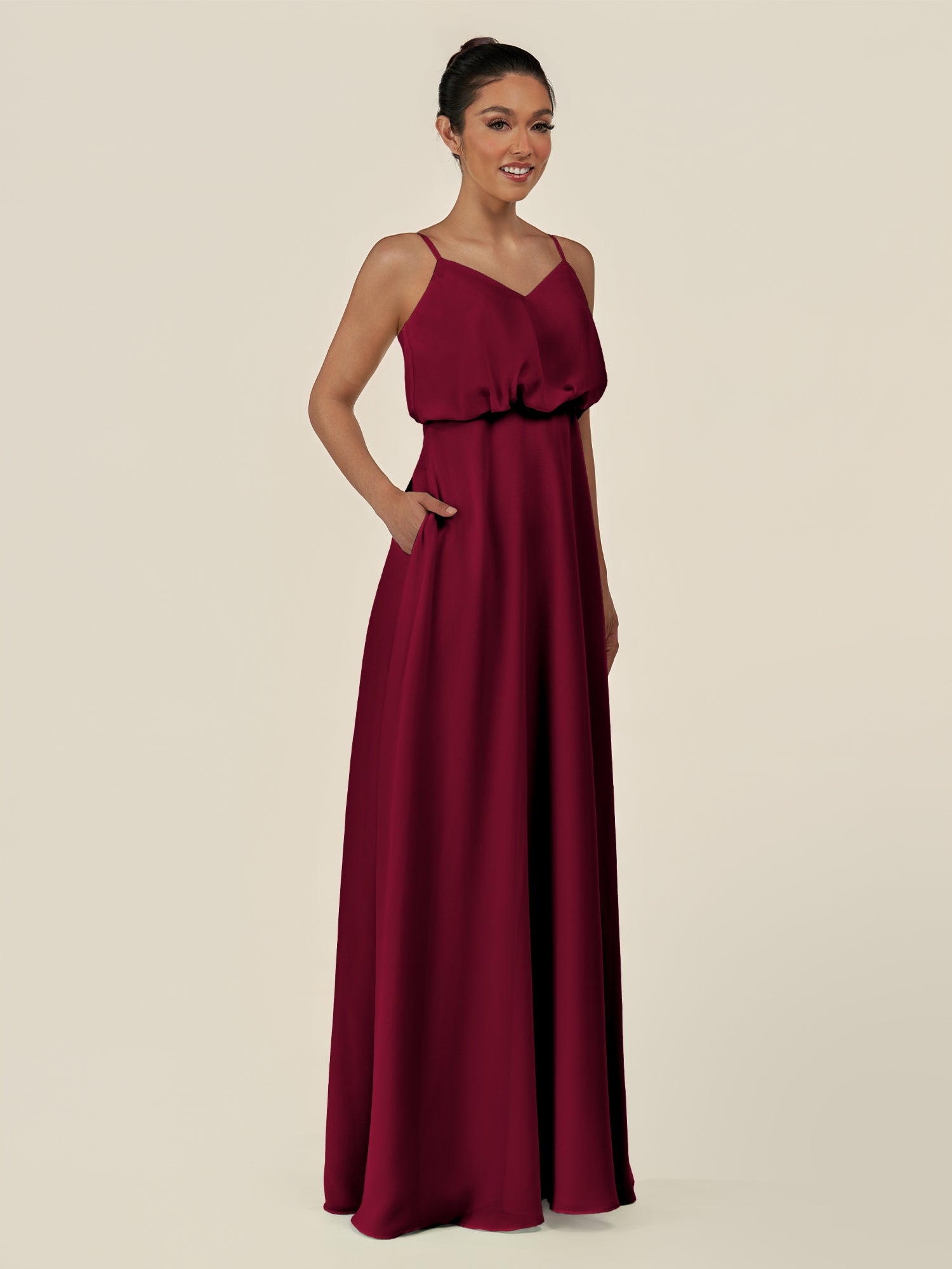 KissDress-Alix Berry A Line Chiffon V Neck Ruffled Overlay Long Bridesmaid Dress