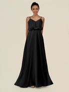 KissDress-Alix Black A Line Chiffon V Neck Ruffled Overlay Long Bridesmaid Dress