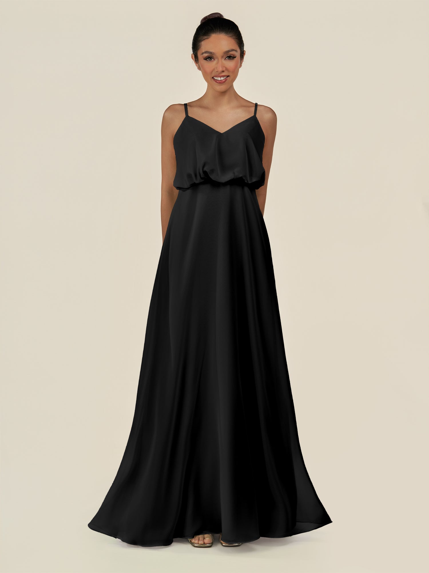 KissDress-Alix Black A Line Chiffon V Neck Ruffled Overlay Long Bridesmaid Dress