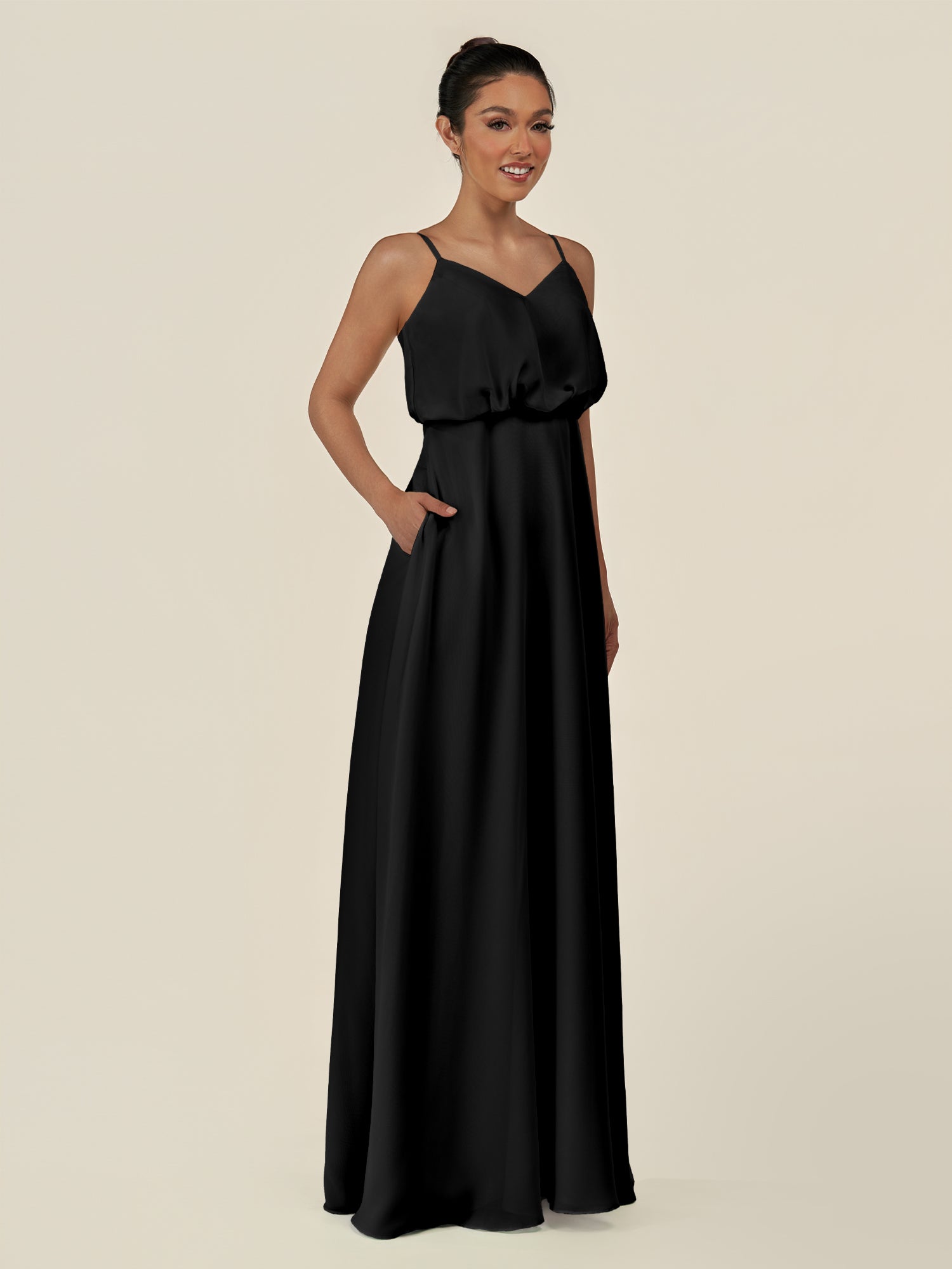 KissDress-Alix Black A Line Chiffon V Neck Ruffled Overlay Long Bridesmaid Dress