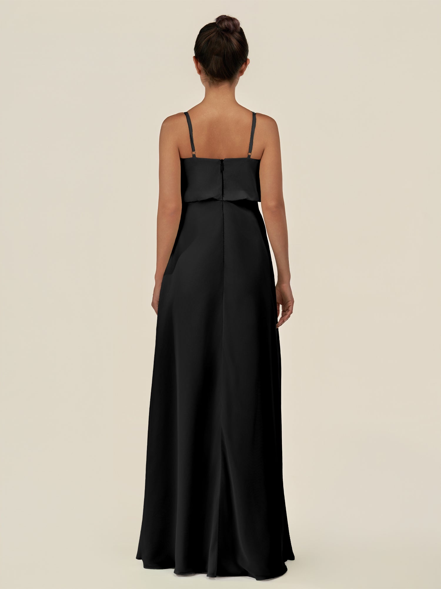 KissDress-Alix Black A Line Chiffon V Neck Ruffled Overlay Long Bridesmaid Dress