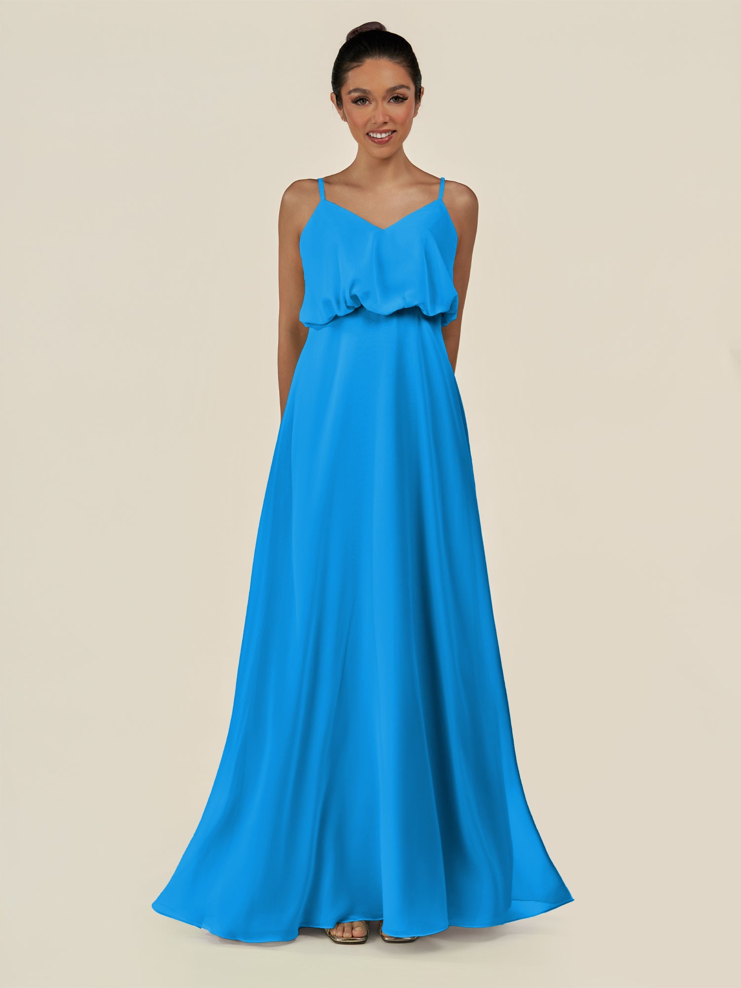 KissDress-Alix Blue Jay A Line Chiffon V Neck Ruffled Overlay Long Bridesmaid Dress
