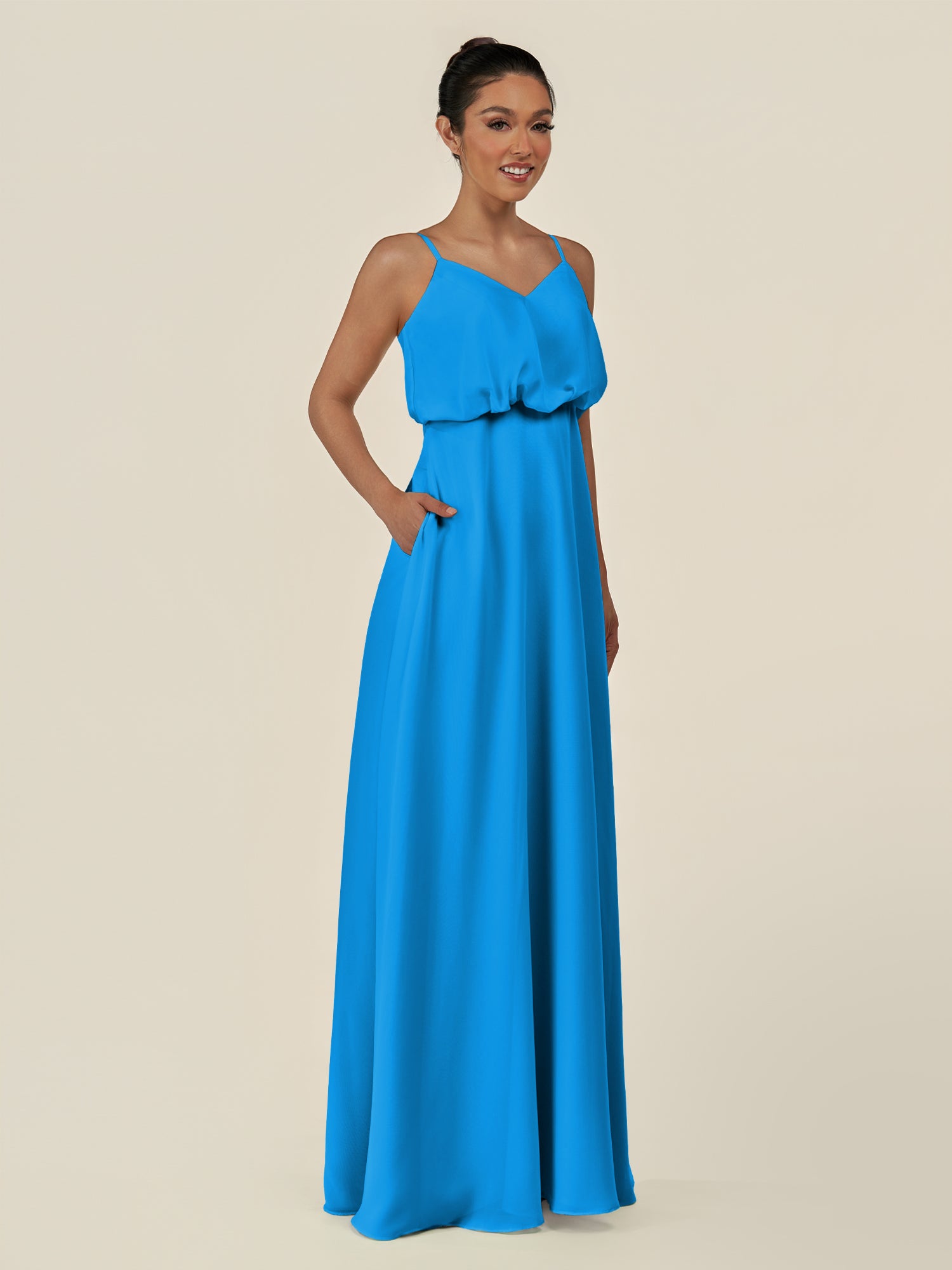 KissDress-Alix Blue Jay A Line Chiffon V Neck Ruffled Overlay Long Bridesmaid Dress