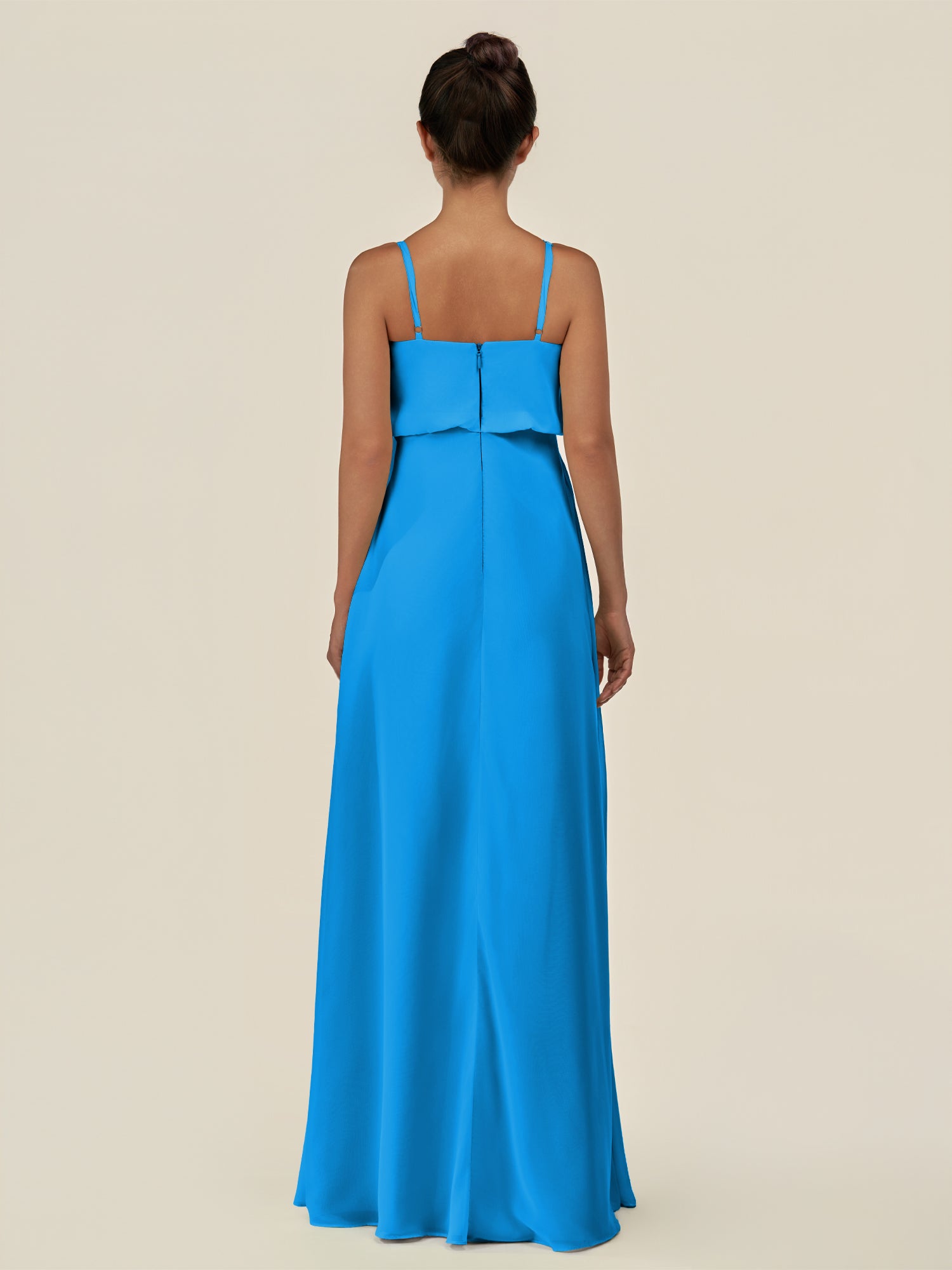 KissDress-Alix Blue Jay A Line Chiffon V Neck Ruffled Overlay Long Bridesmaid Dress