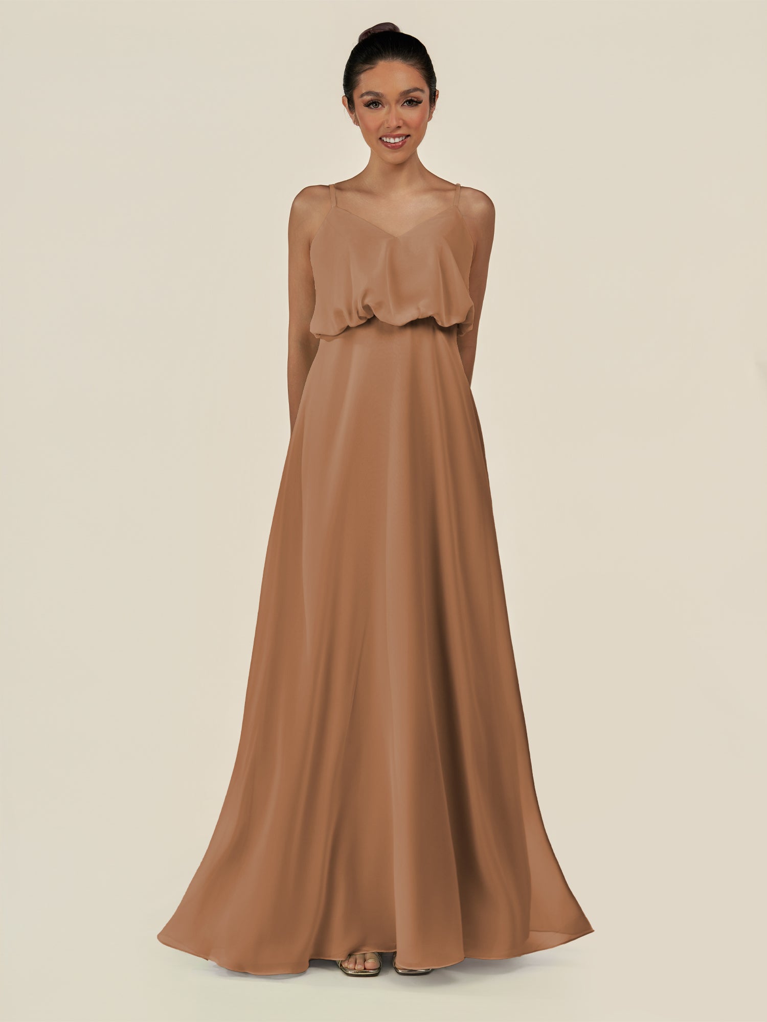 KissDress-Alix Bronzer A Line Chiffon V Neck Ruffled Overlay Long Bridesmaid Dress