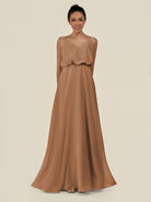 KissDress-Alix Bronzer A Line Chiffon V Neck Ruffled Overlay Long Bridesmaid Dress