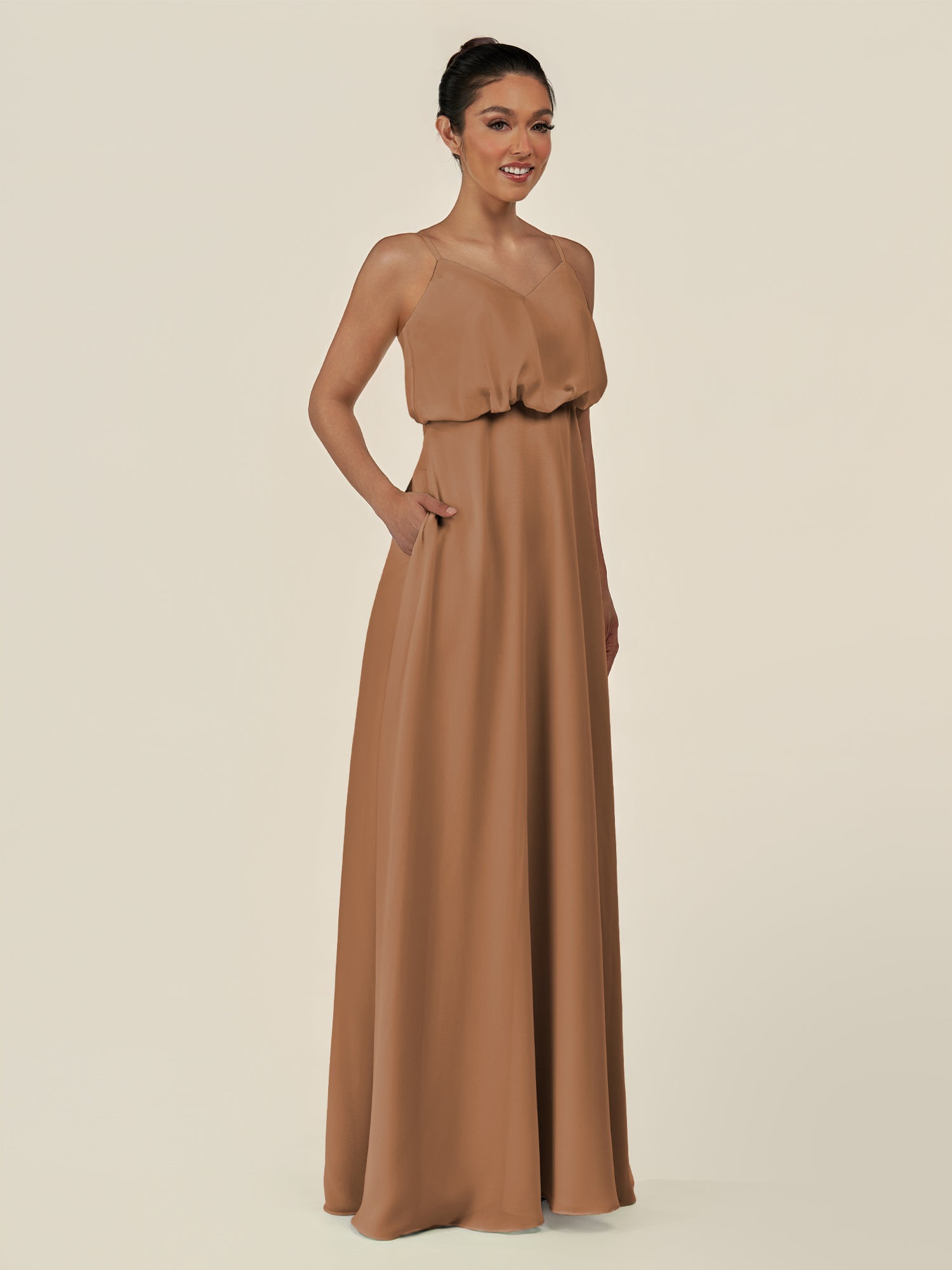 KissDress-Alix Bronzer A Line Chiffon V Neck Ruffled Overlay Long Bridesmaid Dress
