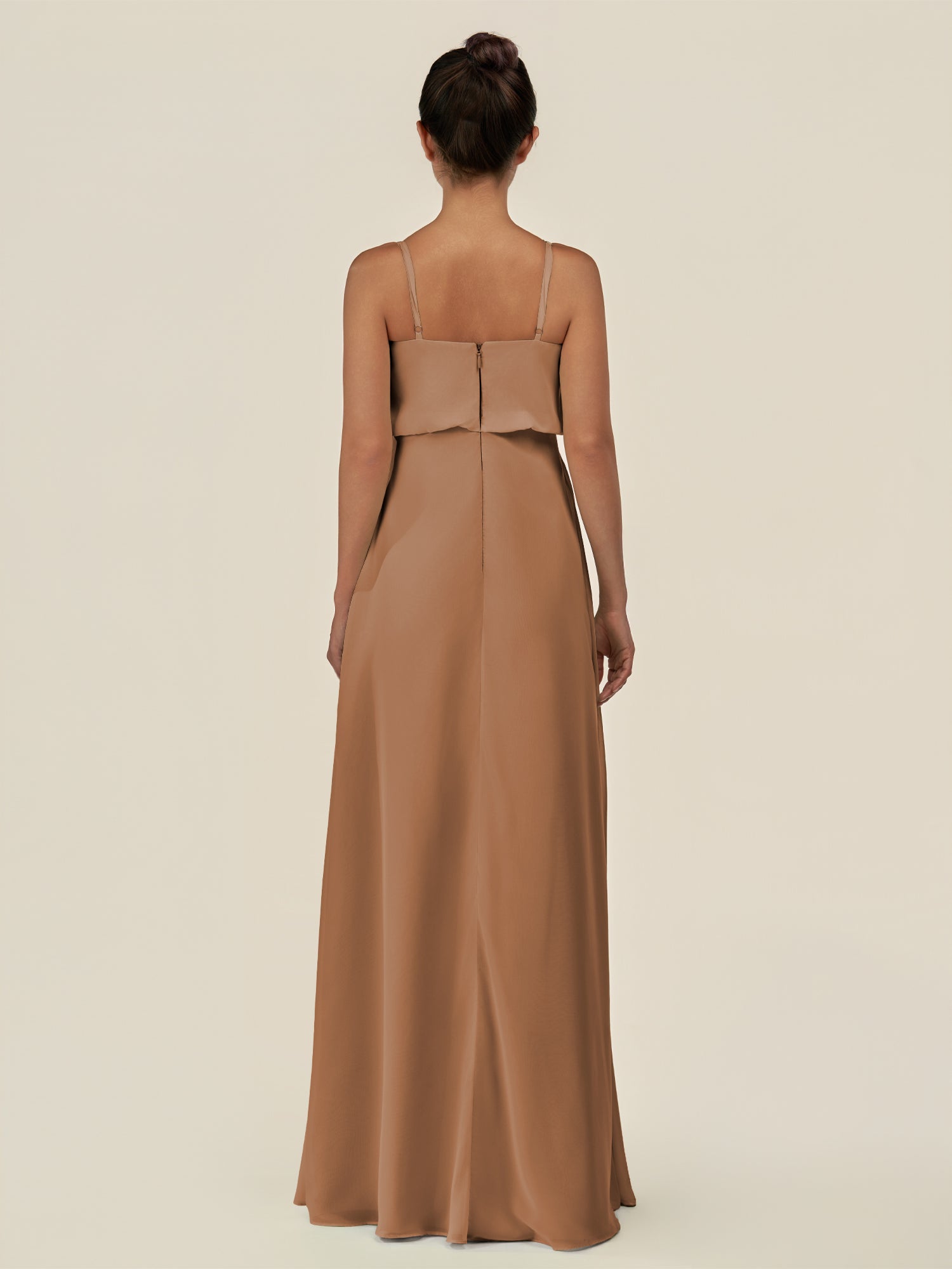 KissDress-Alix Bronzer A Line Chiffon V Neck Ruffled Overlay Long Bridesmaid Dress