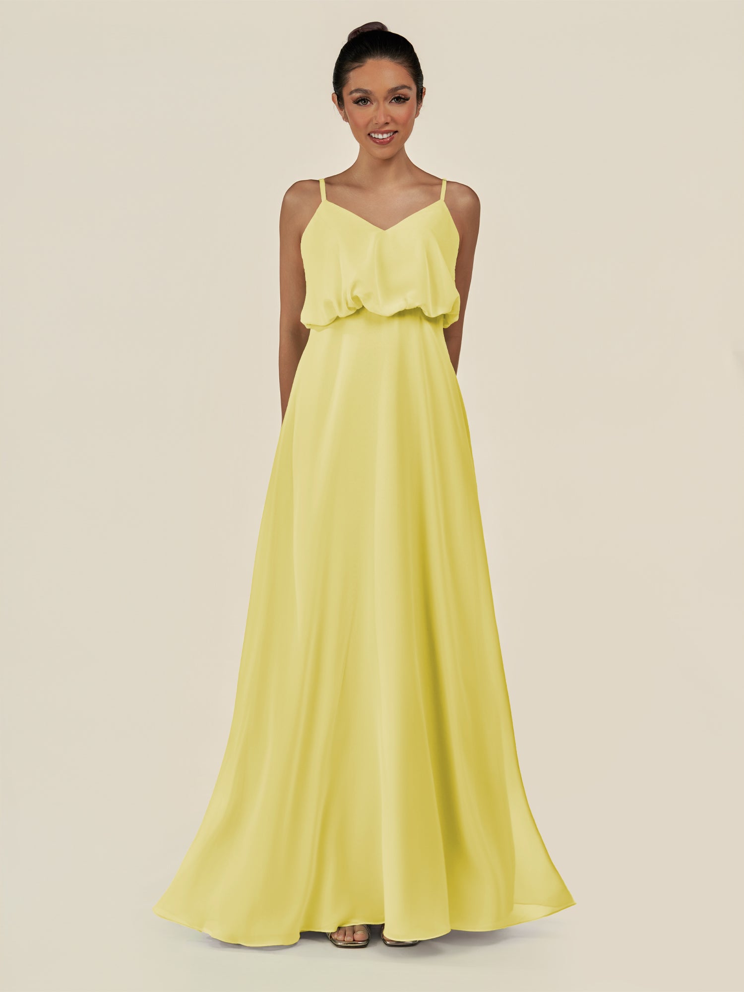 KissDress-Alix Buttercup A Line Chiffon V Neck Ruffled Overlay Long Bridesmaid Dress