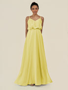 KissDress-Alix Buttercup A Line Chiffon V Neck Ruffled Overlay Long Bridesmaid Dress