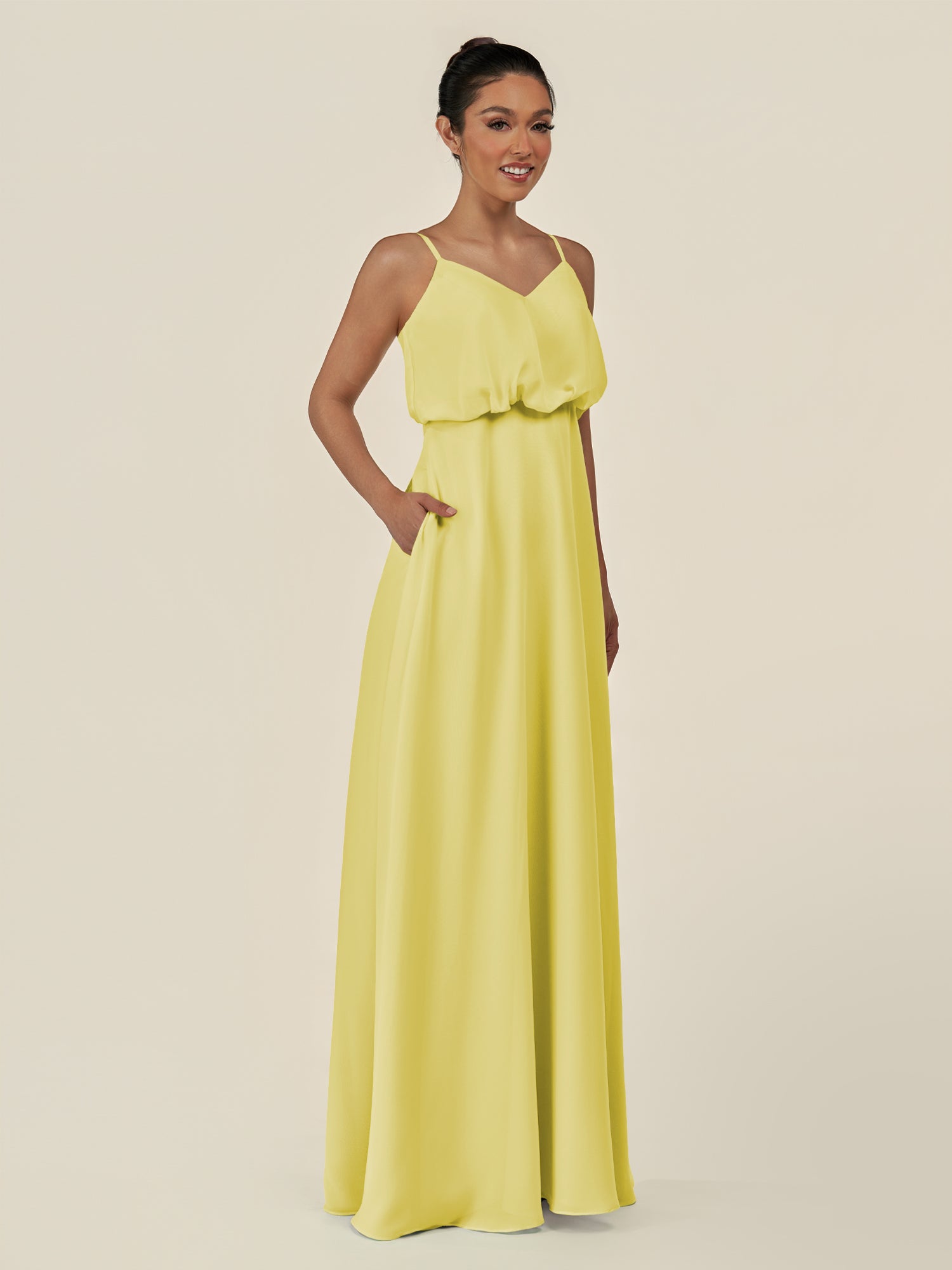 KissDress-Alix Buttercup A Line Chiffon V Neck Ruffled Overlay Long Bridesmaid Dress