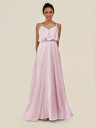 KissDress-Alix Candy Pink A Line Chiffon V Neck Ruffled Overlay Long Bridesmaid Dress