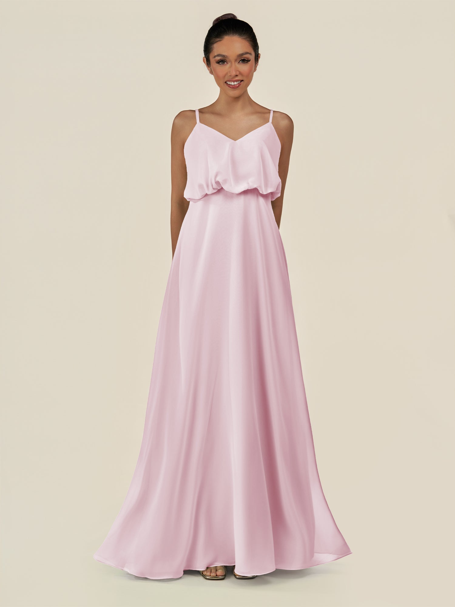 KissDress-Alix Candy Pink A Line Chiffon V Neck Ruffled Overlay Long Bridesmaid Dress