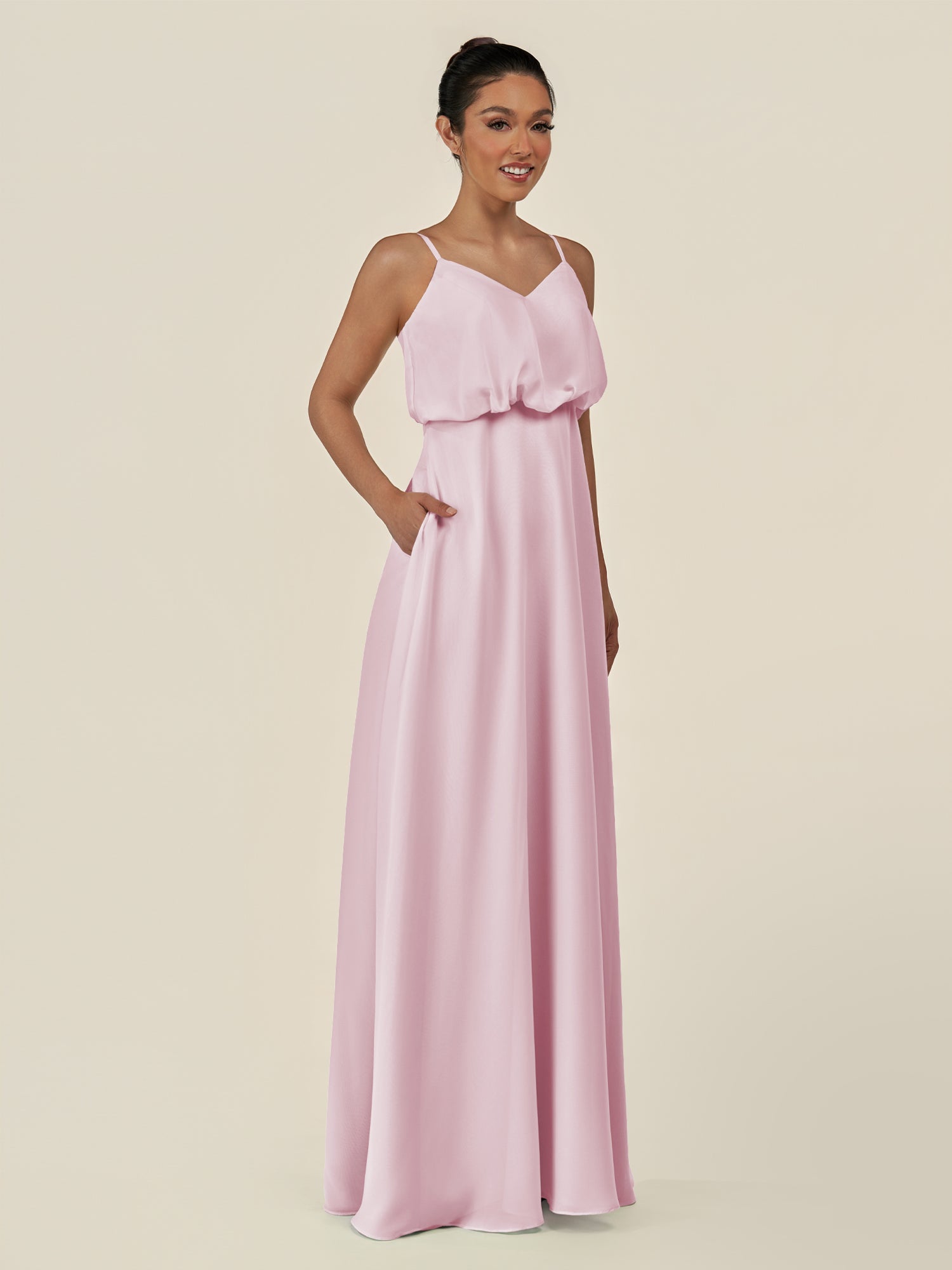 KissDress-Alix Candy Pink A Line Chiffon V Neck Ruffled Overlay Long Bridesmaid Dress